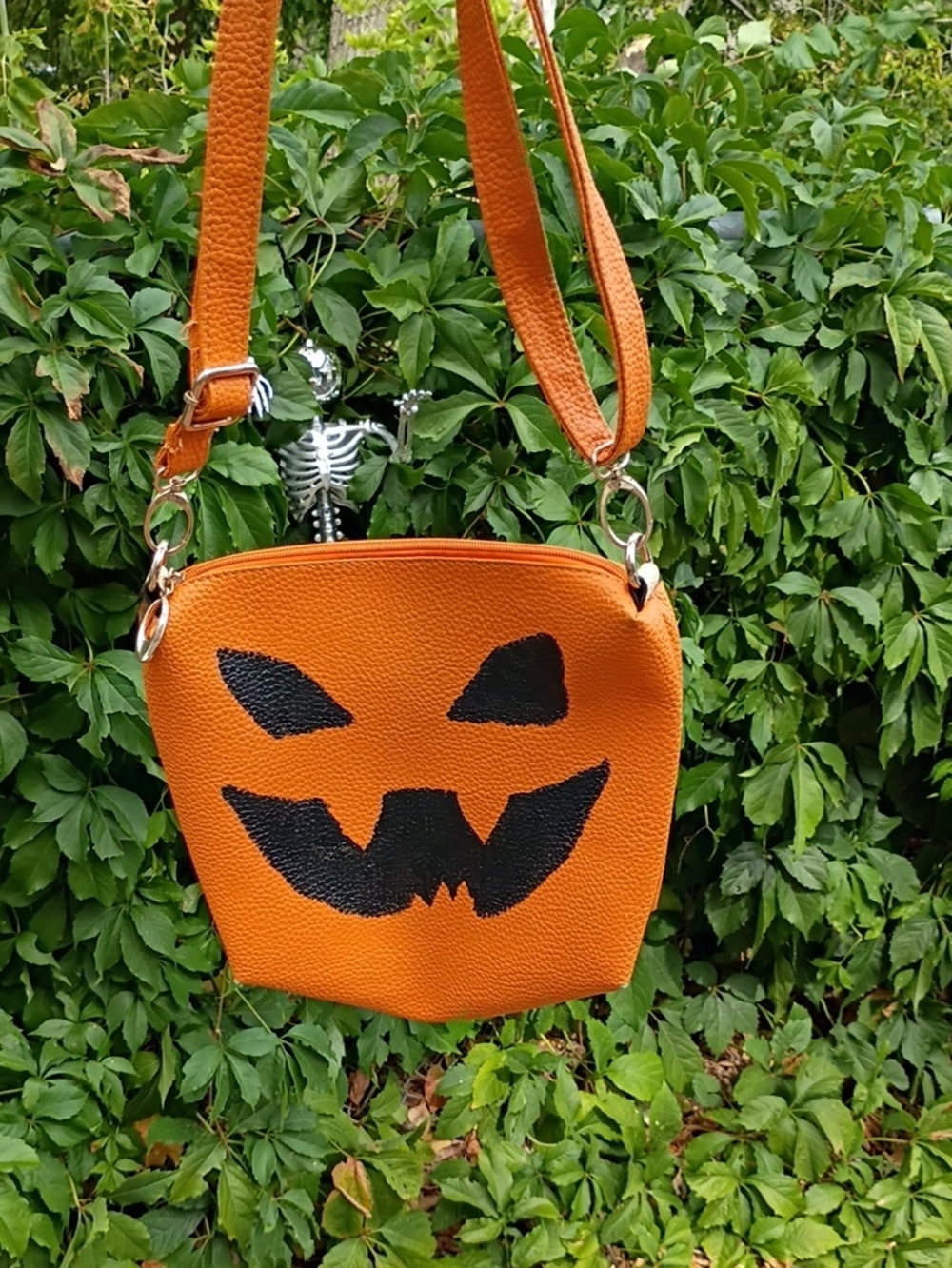 Hand Painted Up-cycled Orange Jack-o'-lantern Crossbody Bag